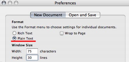 Screen shot of where to choose the plain text preference in TextEdit's Preferences.